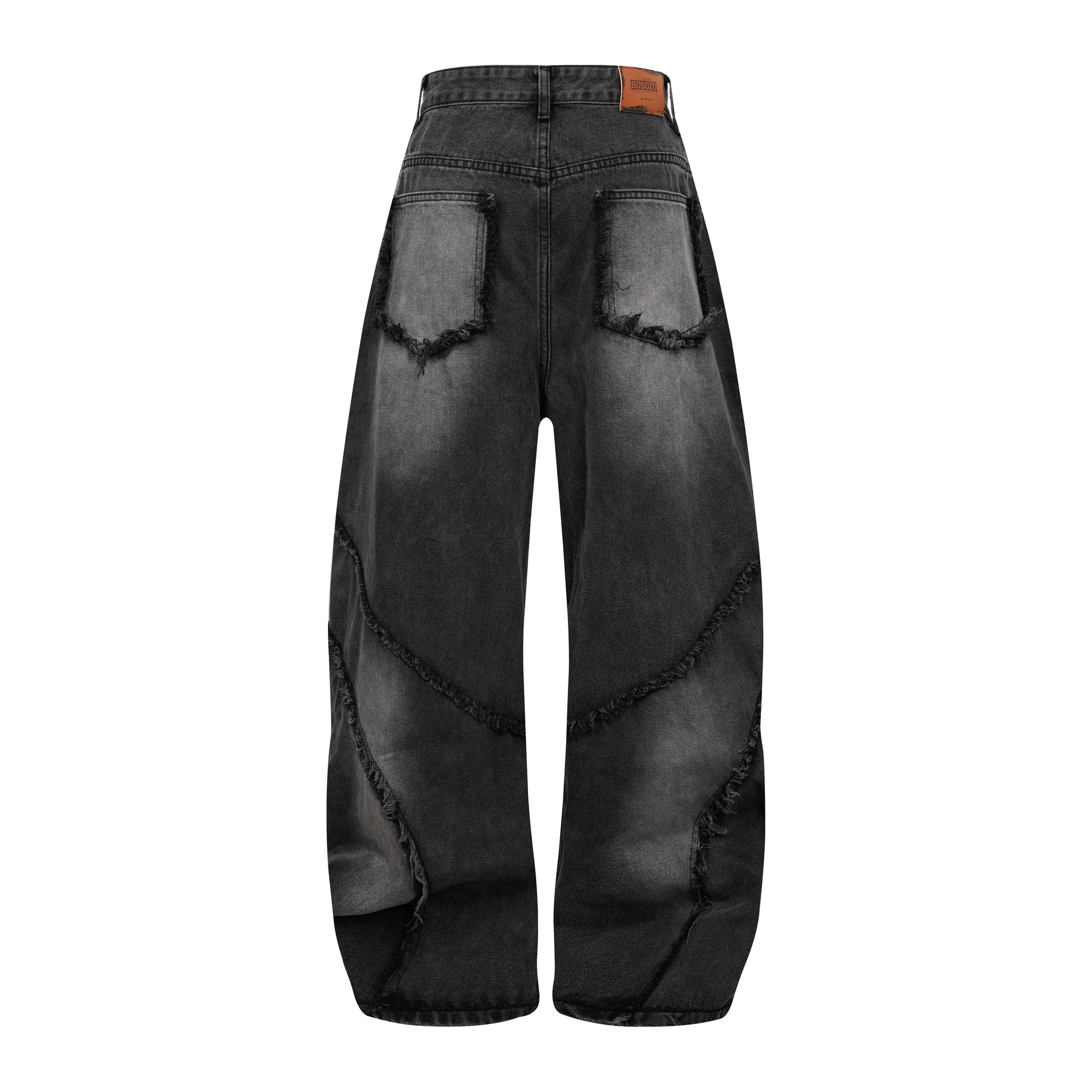 Washed Distressed Raw Edge Barrel Jeans