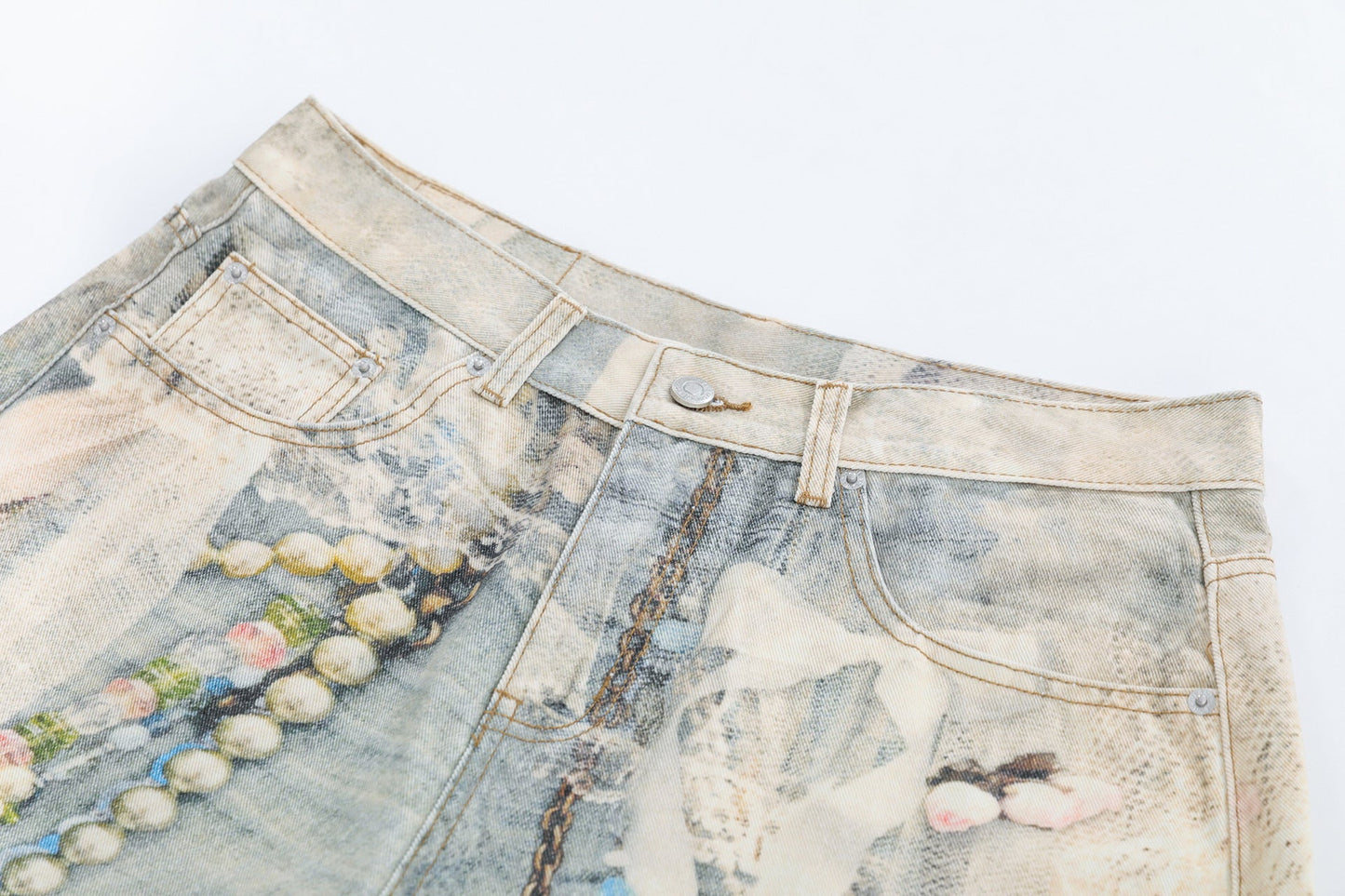 Jewelry Pearl Graphic Print 3D Effect Denim Shorts