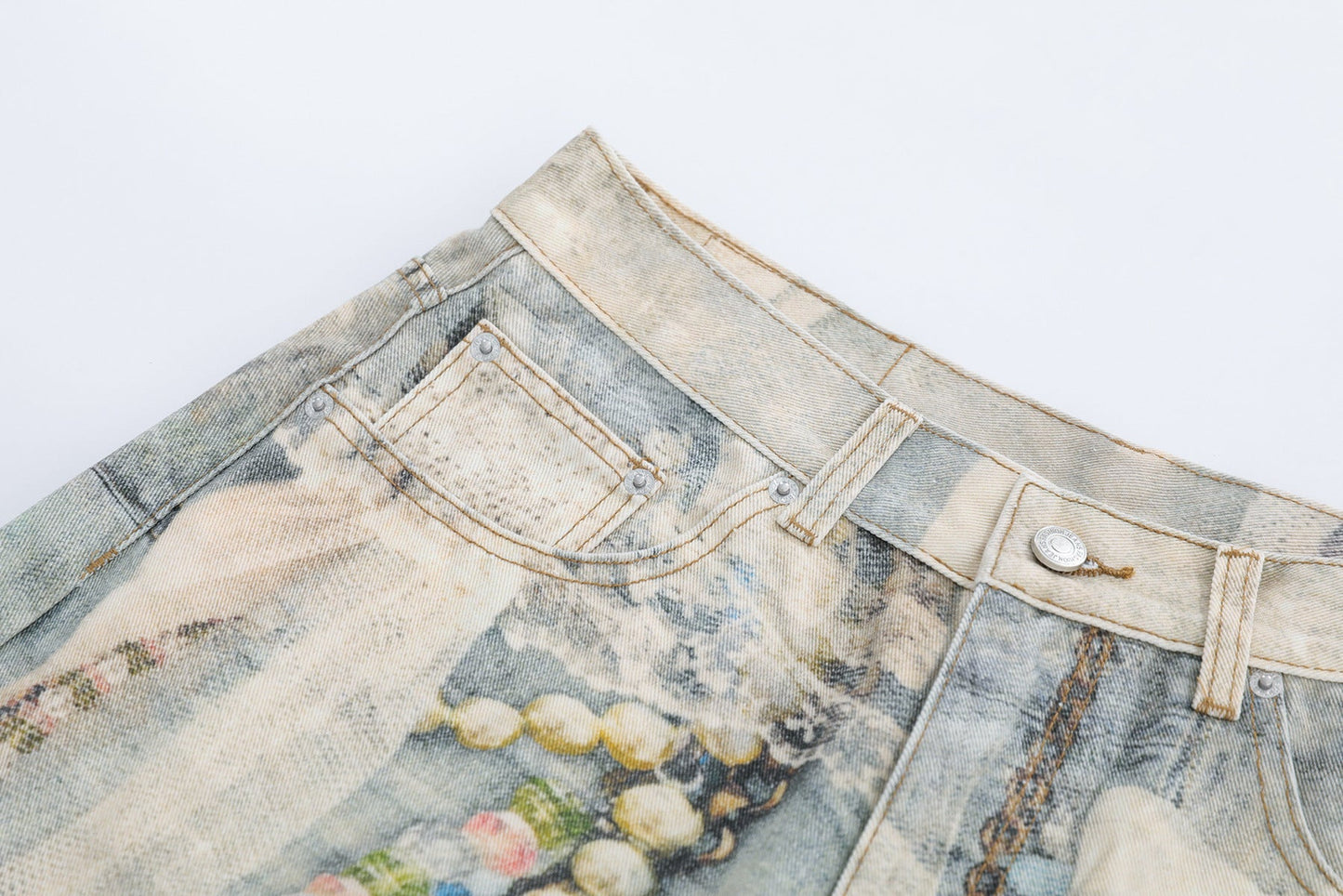 Jewelry Pearl Graphic Print 3D Effect Denim Shorts