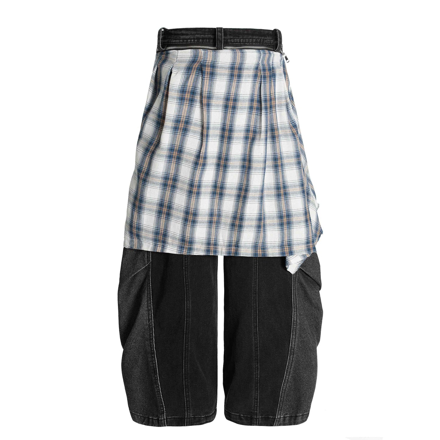 Denim Faux Two-piece Plaid Detachable Scimitar Jeans