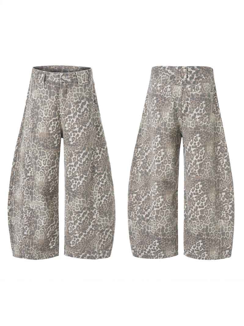 Street Leopard Camouflage Pleated Barrel Jeans
