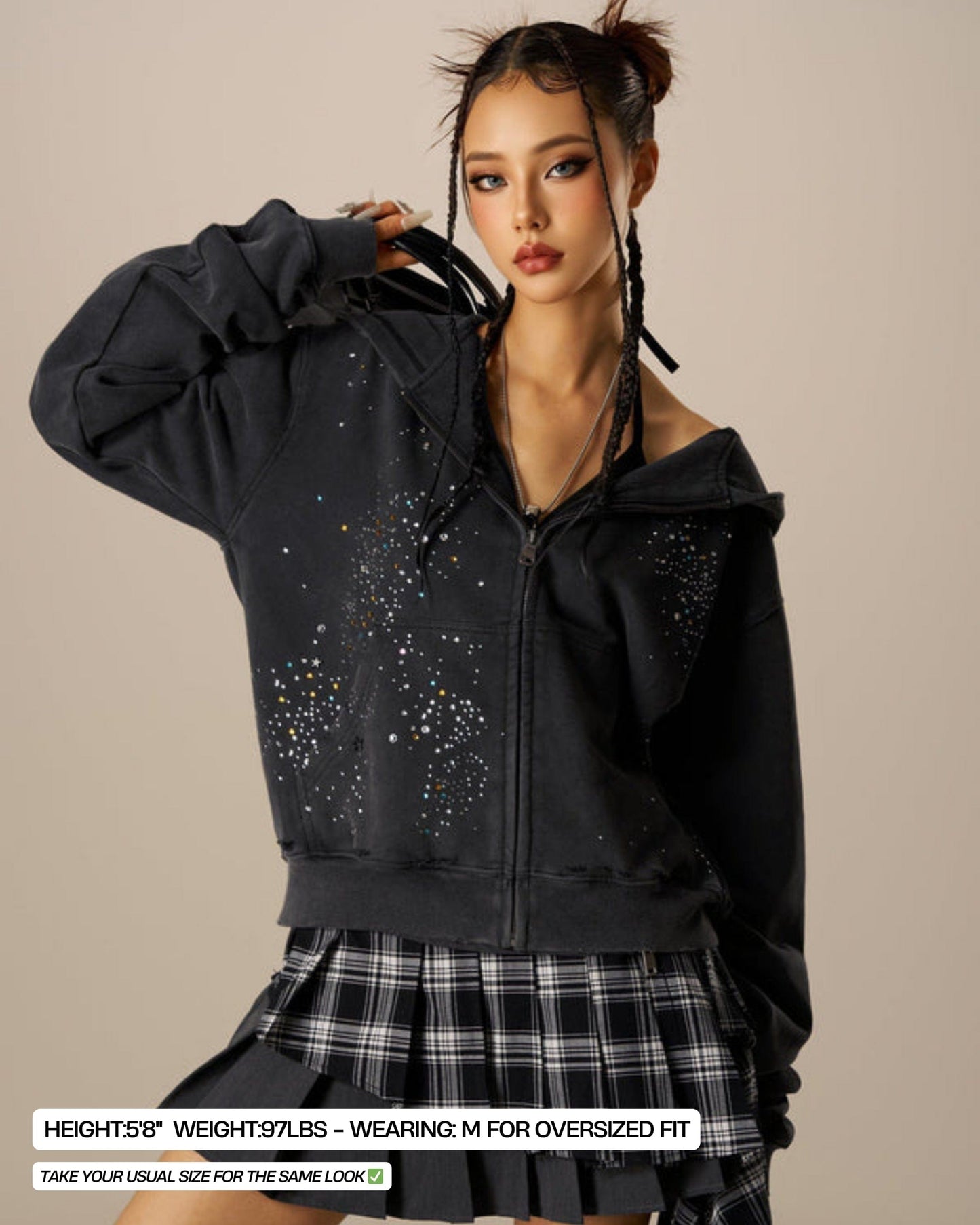 Zip Up Hoodie Rhinestone