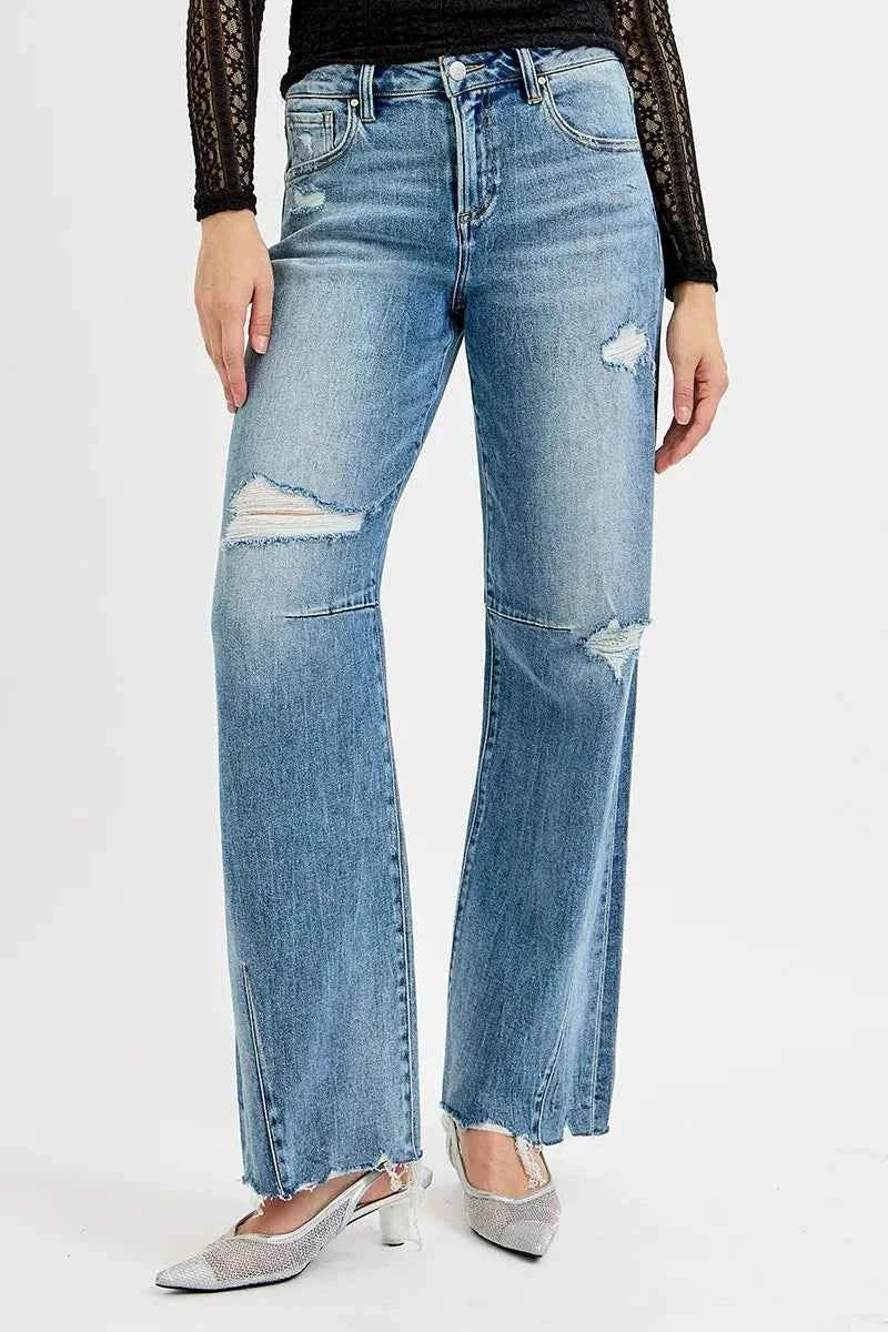RISEN Full Size Mid Rise Fit Wide Baggy Leg Tie Washed Jeans Plus Size