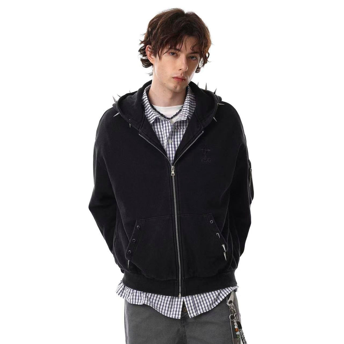 Street Style Retro Studded Zip-Up Hoodie