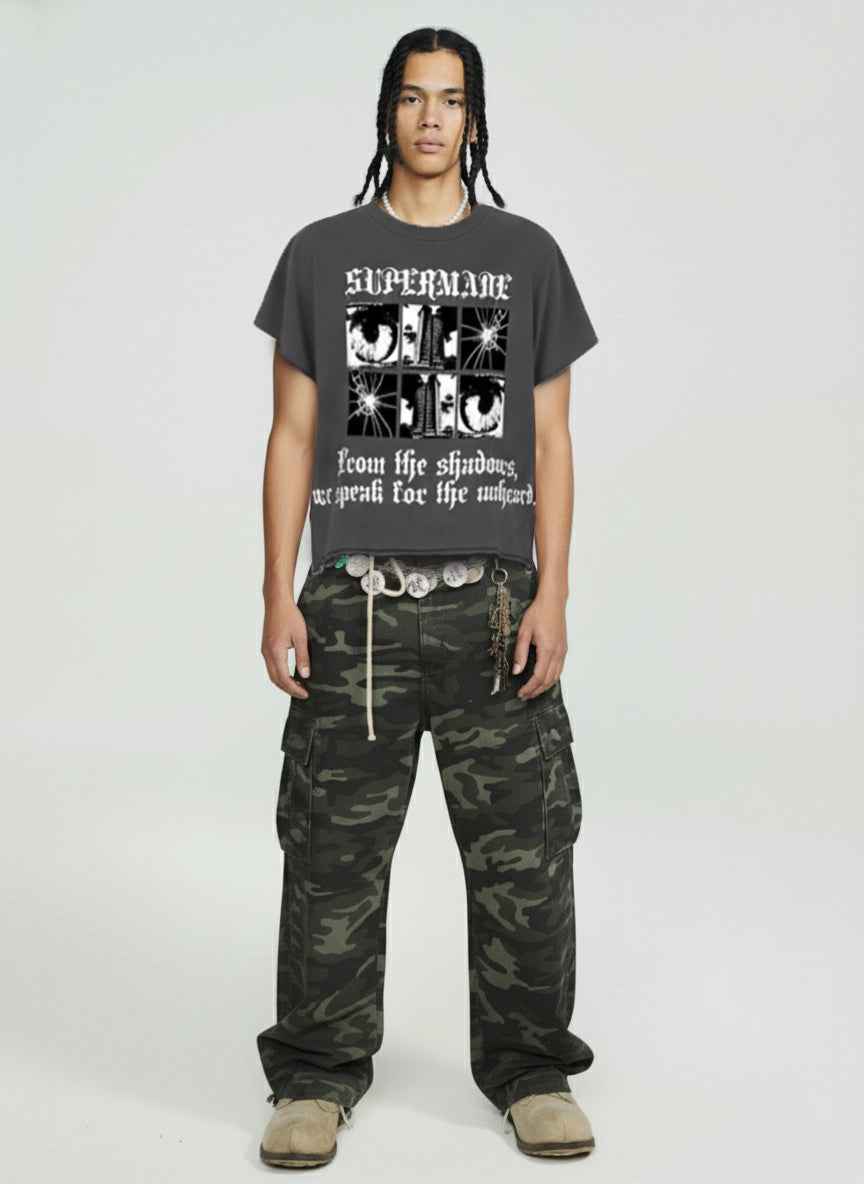 Gothic Text Graphic Cut-Off Sleeveless T-Shirt