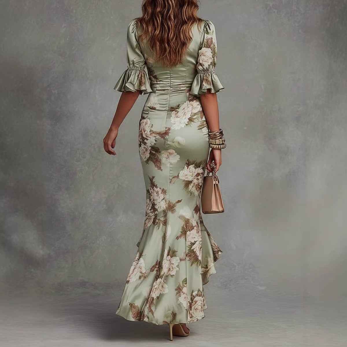 Elegant Long Dress with V-Neck, Fitted Silhouette, Floral Print and Ruffle Hem