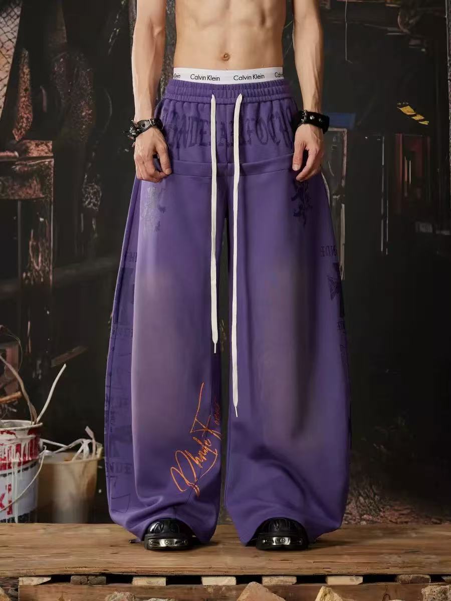 Graffiti Print Oversized Baggy Drawstring Wide-Leg Sweatpants