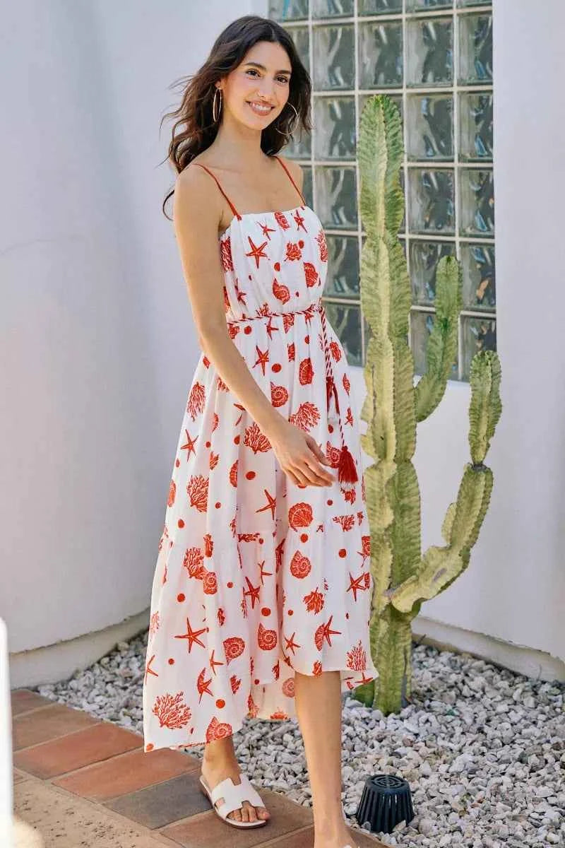 SO ME Shell Print Tiered Lined Midi Cami Dress With Belt