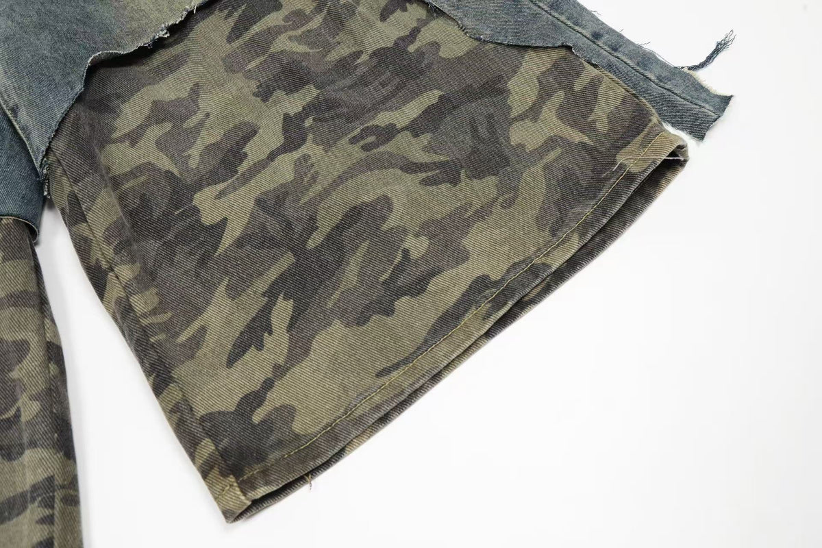 Distressed Camo Denim Knee-Length Jorts