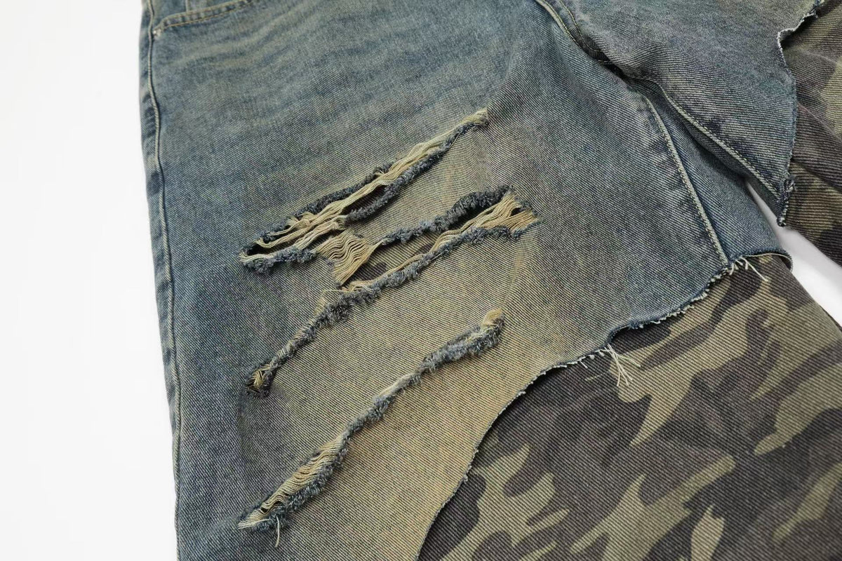 Distressed Camo Denim Knee-Length Jorts