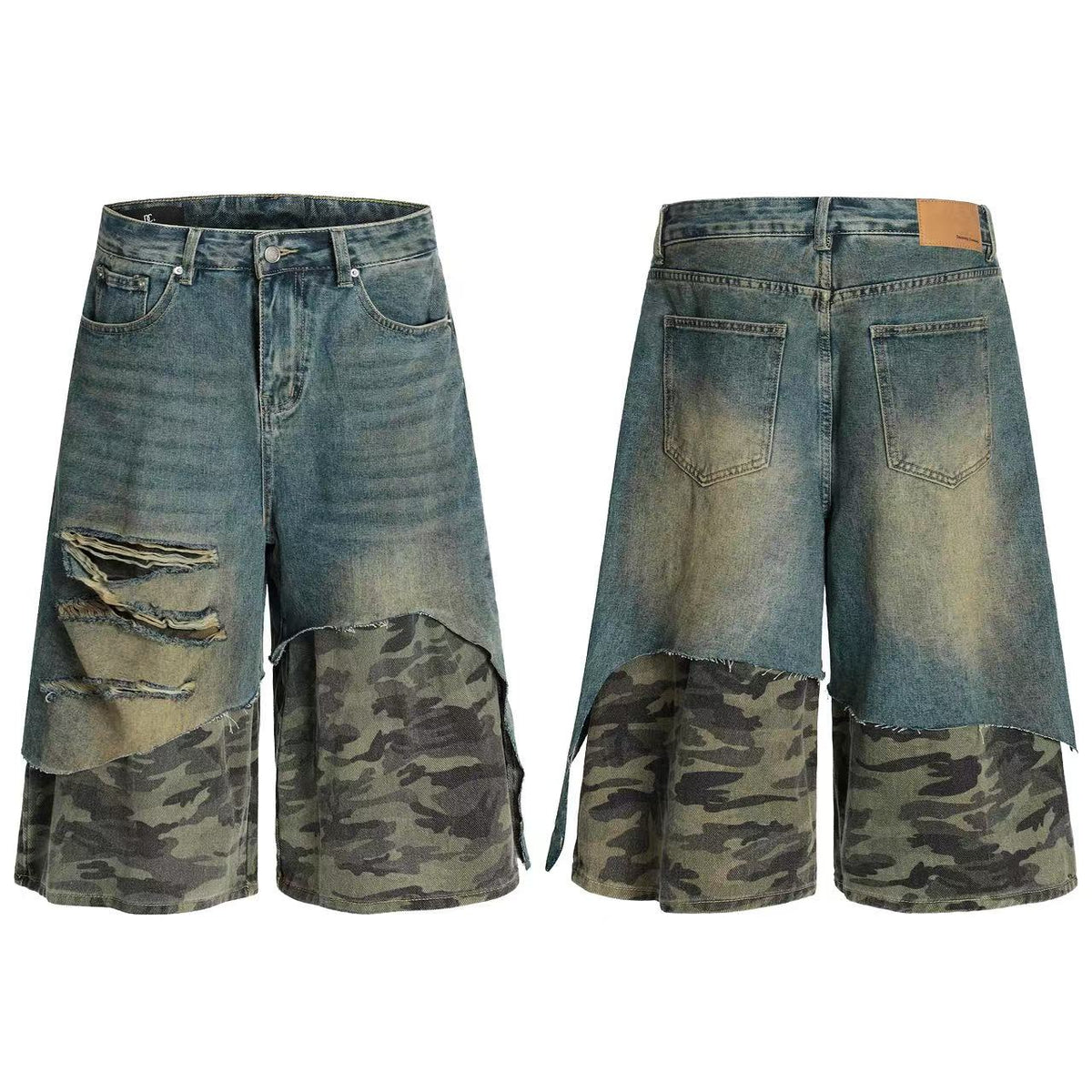Distressed Camo Denim Knee-Length Jorts