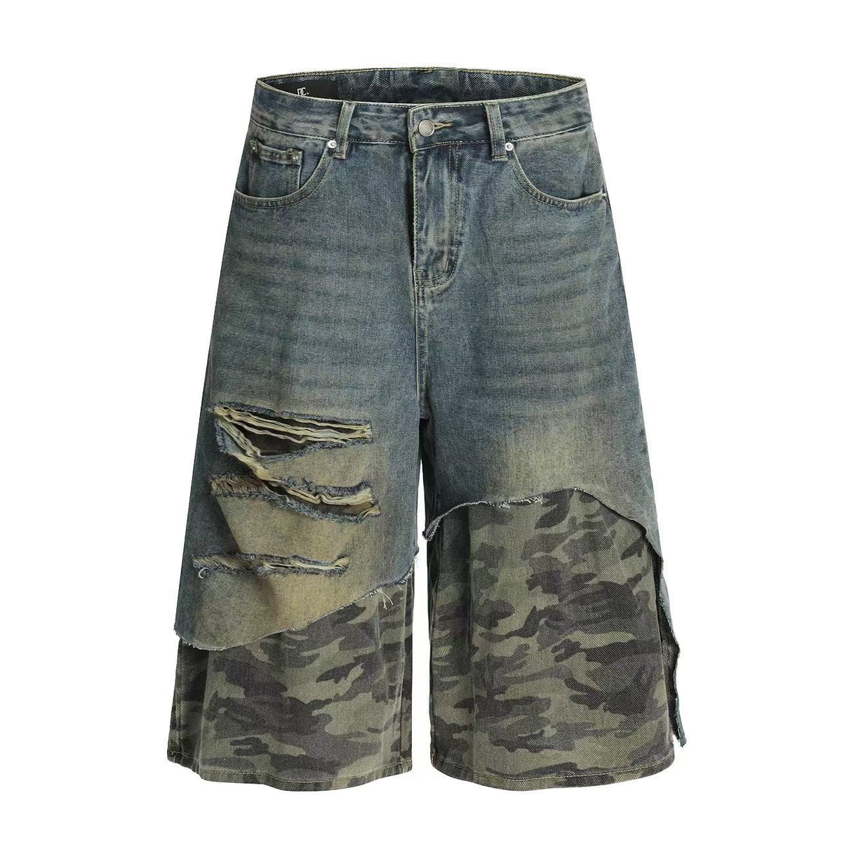 Distressed Camo Denim Knee-Length Jorts