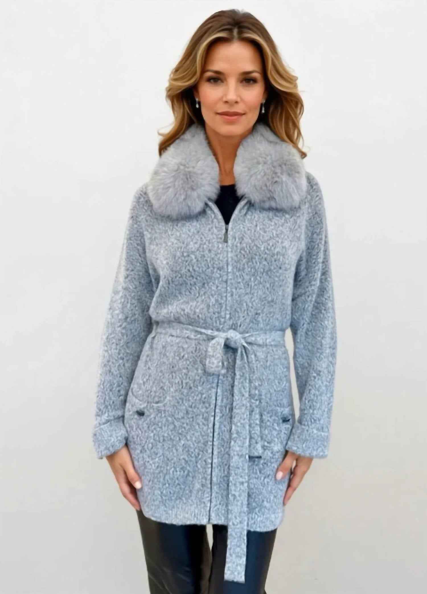 Long Zip Cardigan with Fox Fur Collar