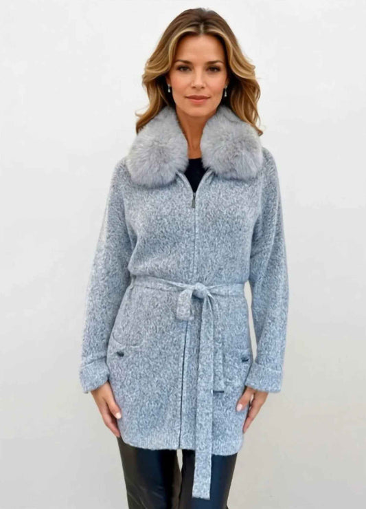 Long Zip Cardigan with Fox Fur Collar