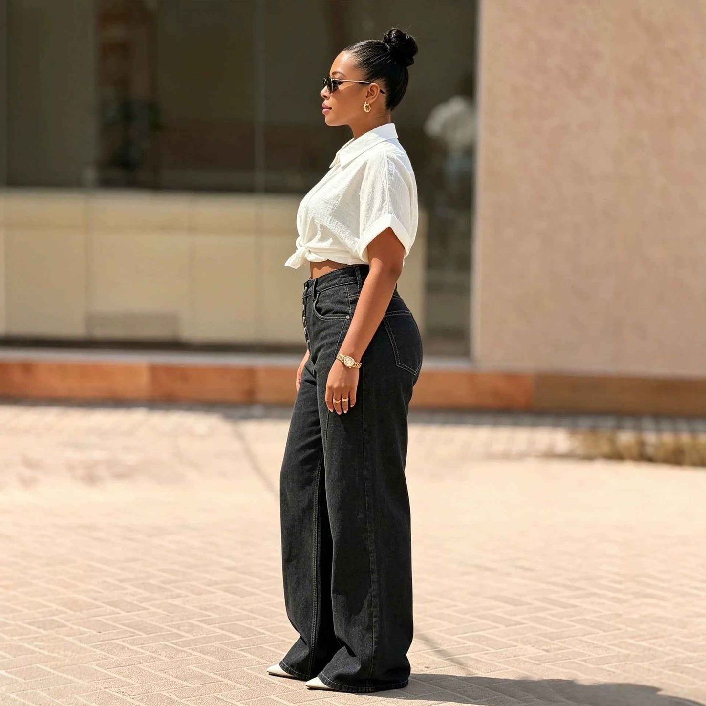 NewTopstitching Multi-button Fly Front Denim Pants