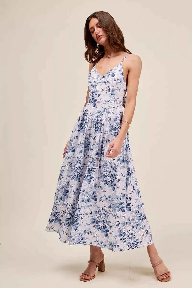 SO ME Floral Woven V Neck Dress With Back Ribbon Tie