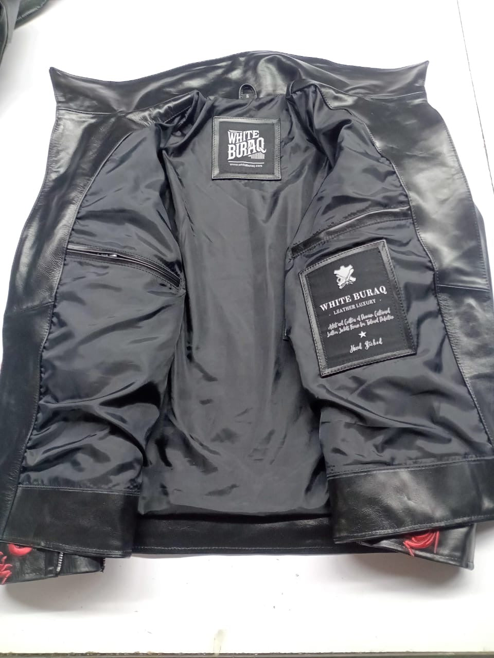 Men's Gothic Dragon Black Leather Jacket with Red Embroidery