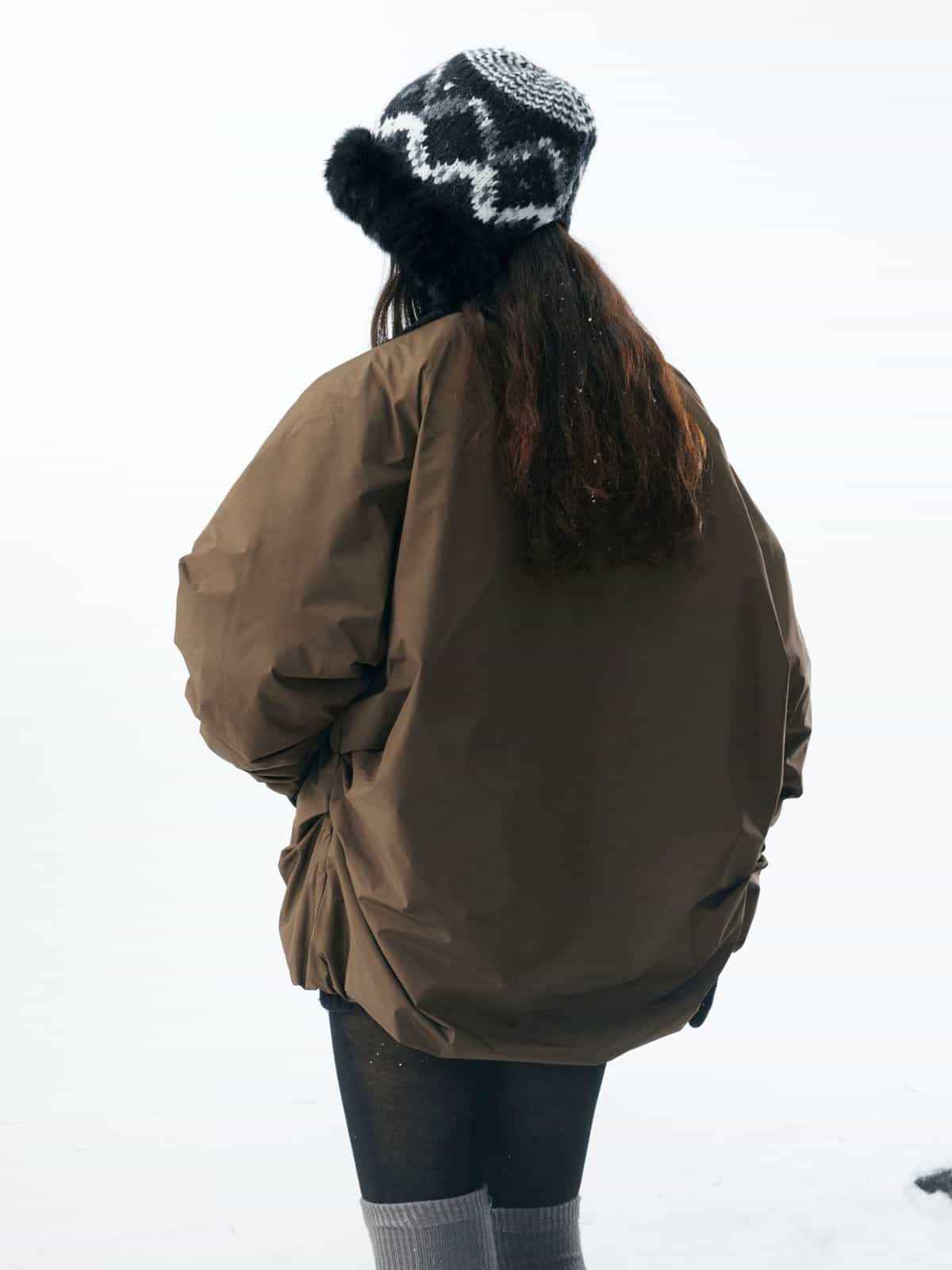 Vintage Fleece Collar Ruched Padded Bomber Jacket