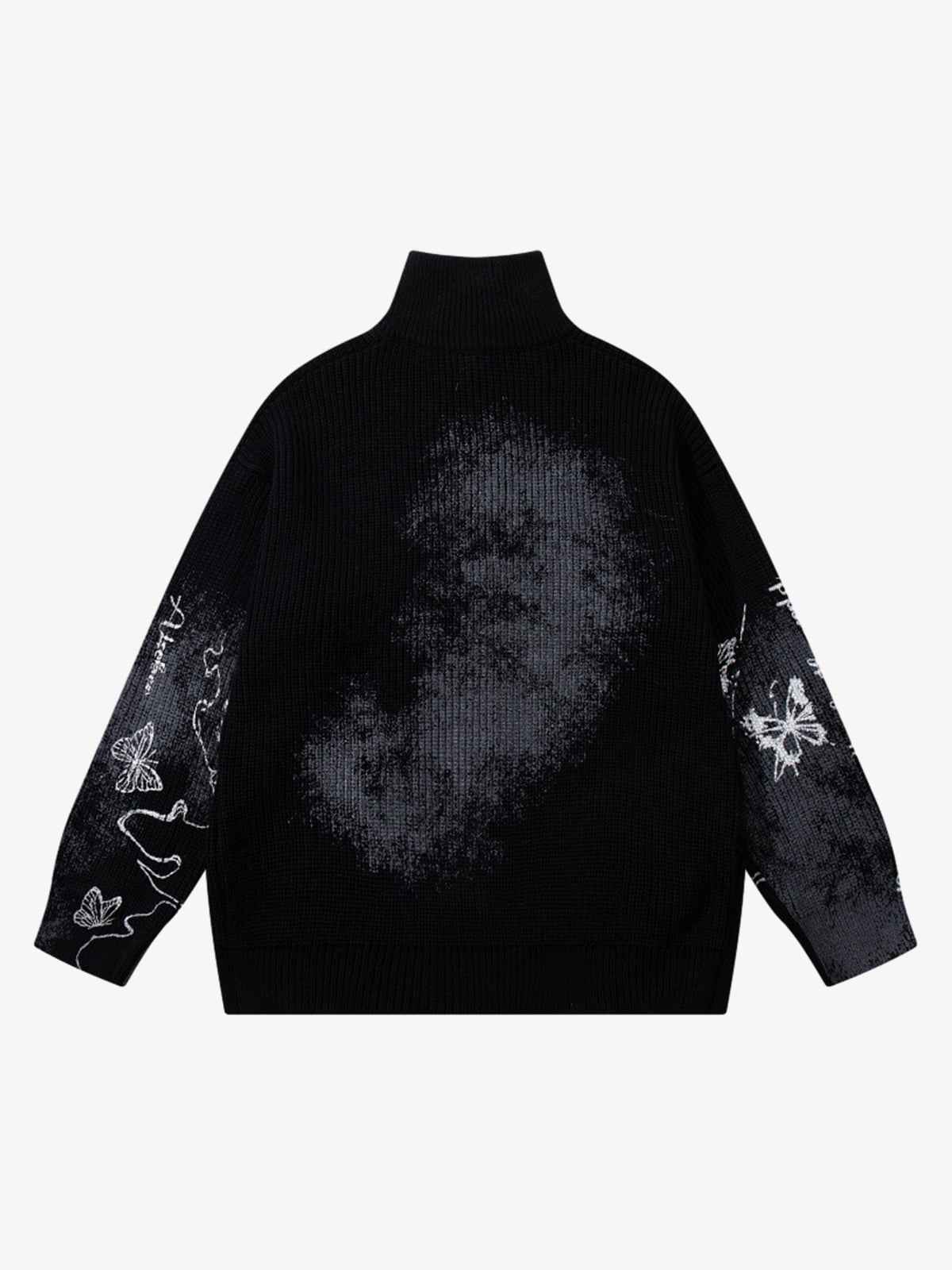 Ink-Splashed Butterfly Jacquard Zip Knit Sweater