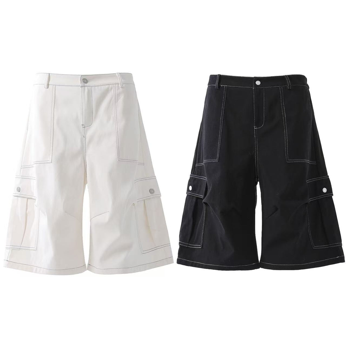 Deconstructed Topstitching Design Wide-Leg Knee-Length Jorts