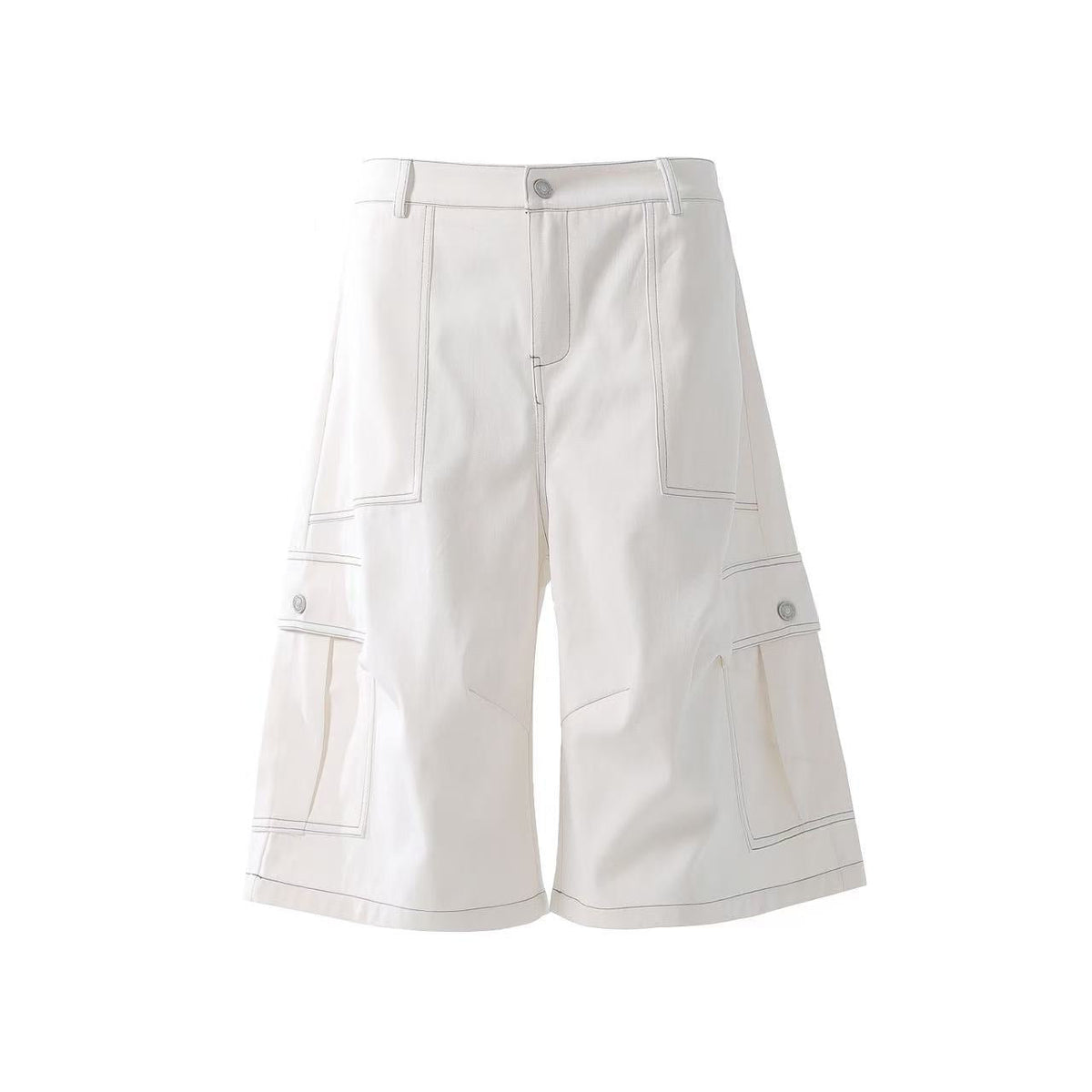 Deconstructed Topstitching Design Wide-Leg Knee-Length Jorts