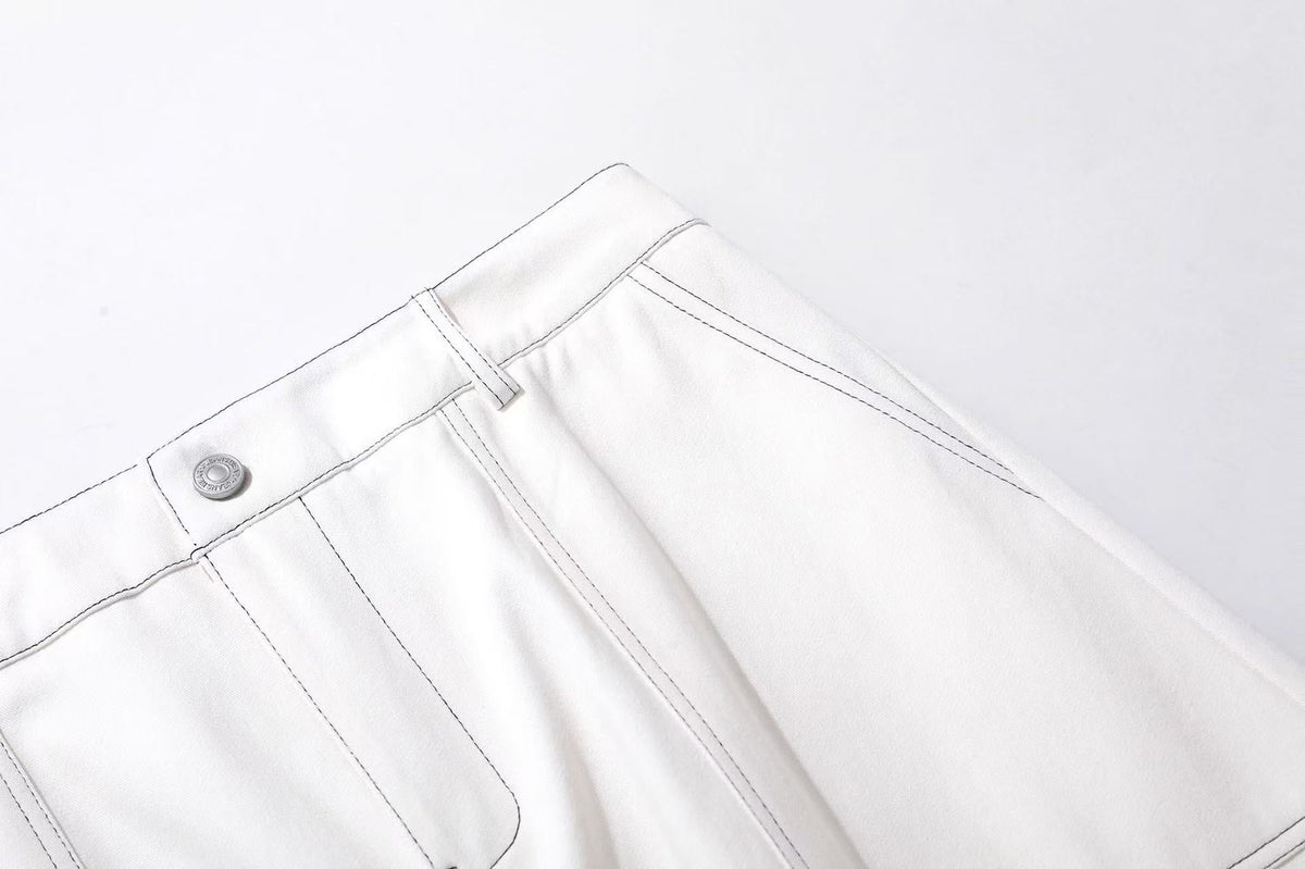 Deconstructed Topstitching Design Wide-Leg Knee-Length Jorts