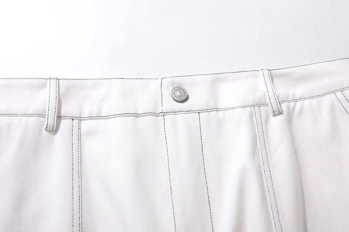 Deconstructed Topstitching Design Wide-Leg Knee-Length Jorts