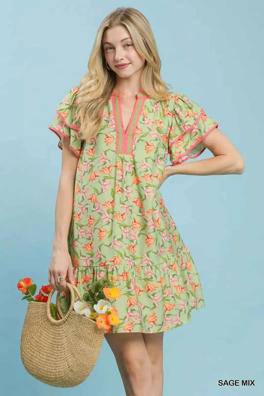 Umgee Floral Flutter Sleeve Tiered Dress