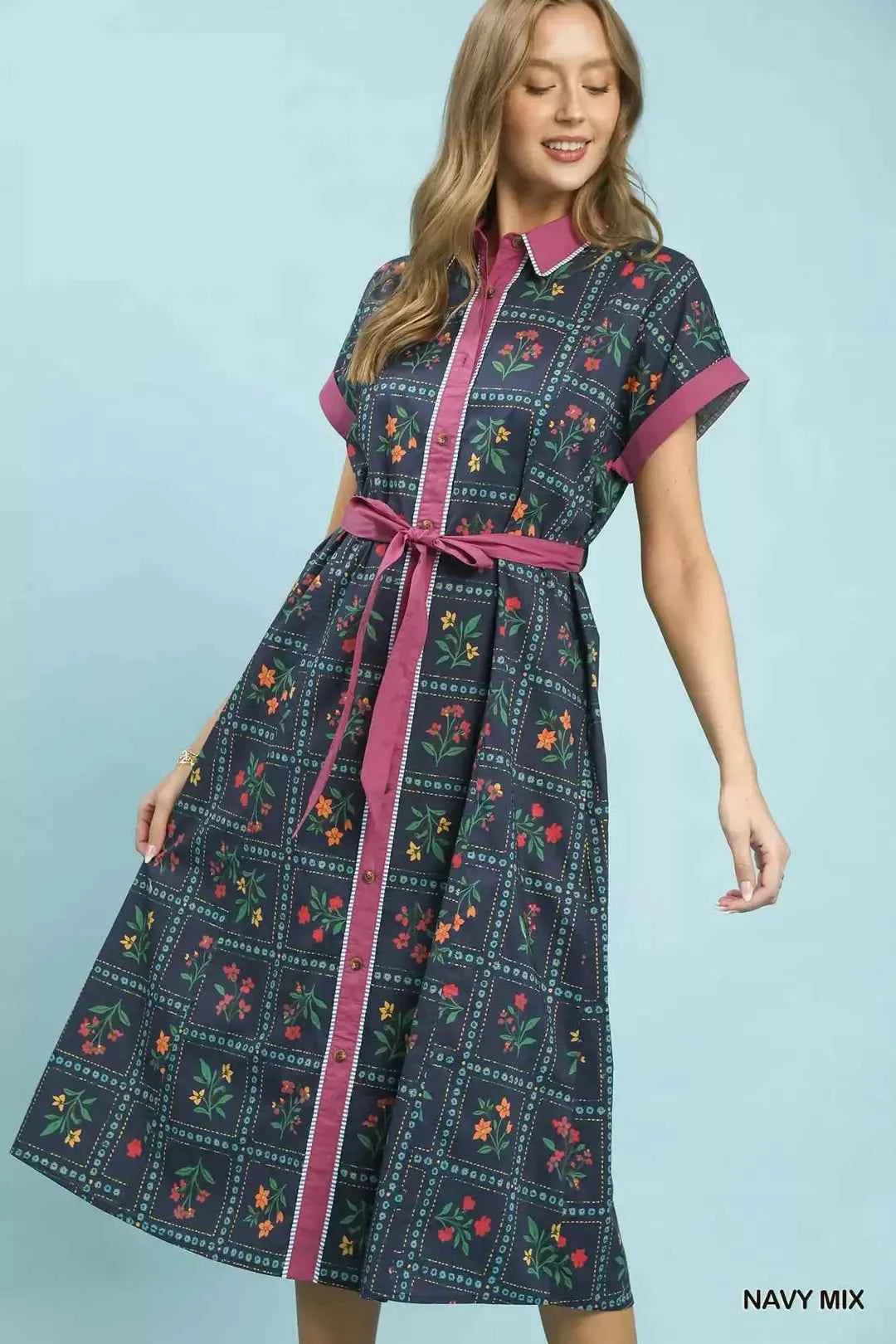 Umgee Mix Floral Button-Front Midi Dress