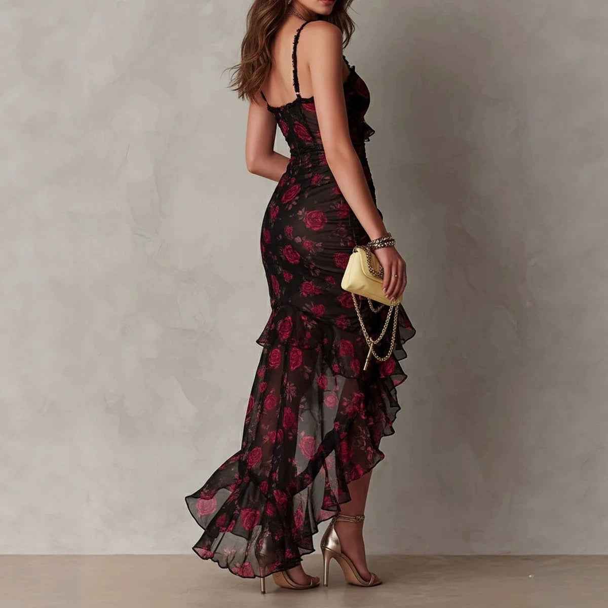 Style Floral Print Strap Irregular Ruffle Hem A-Line Dress