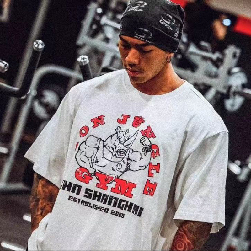 GYM destroys print crew neck T-shirt Plus size sport re