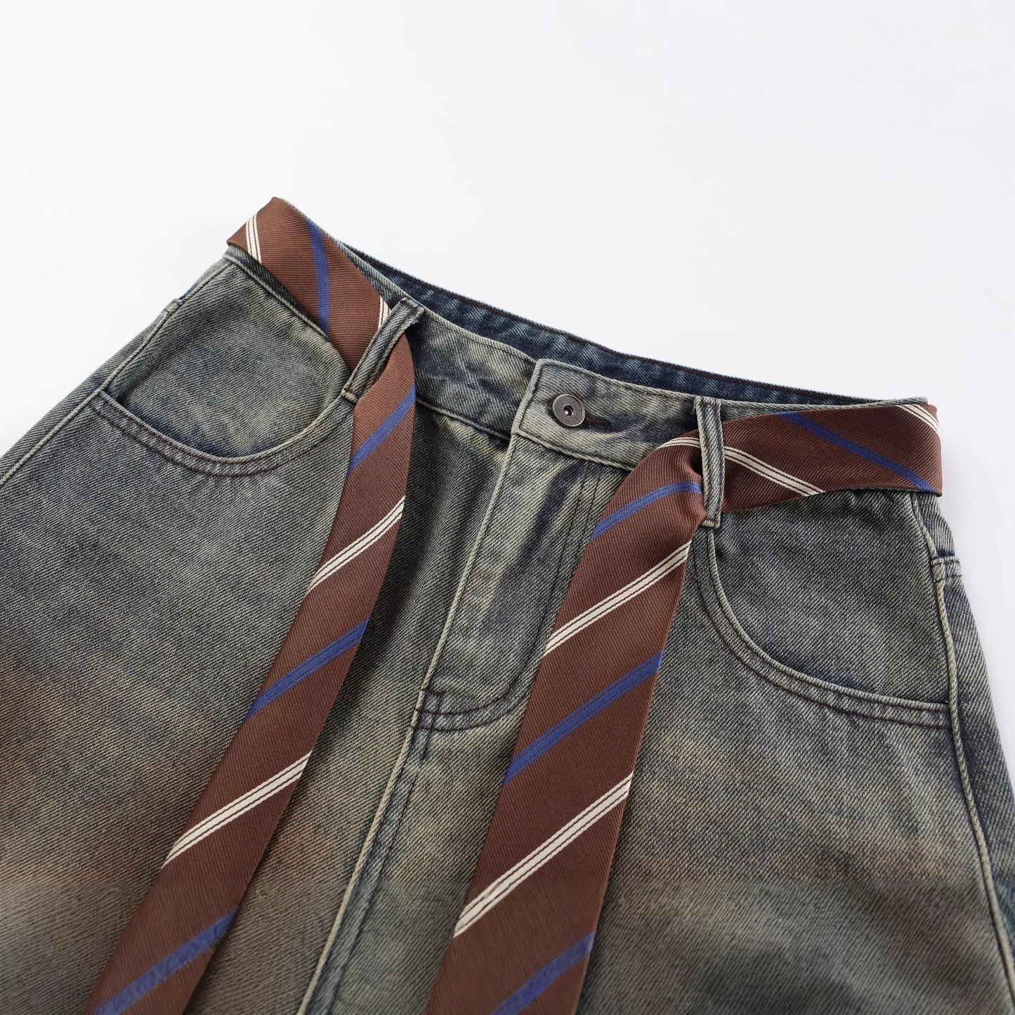 Gradient Sandwash Detachable Tie Baggy Jeans