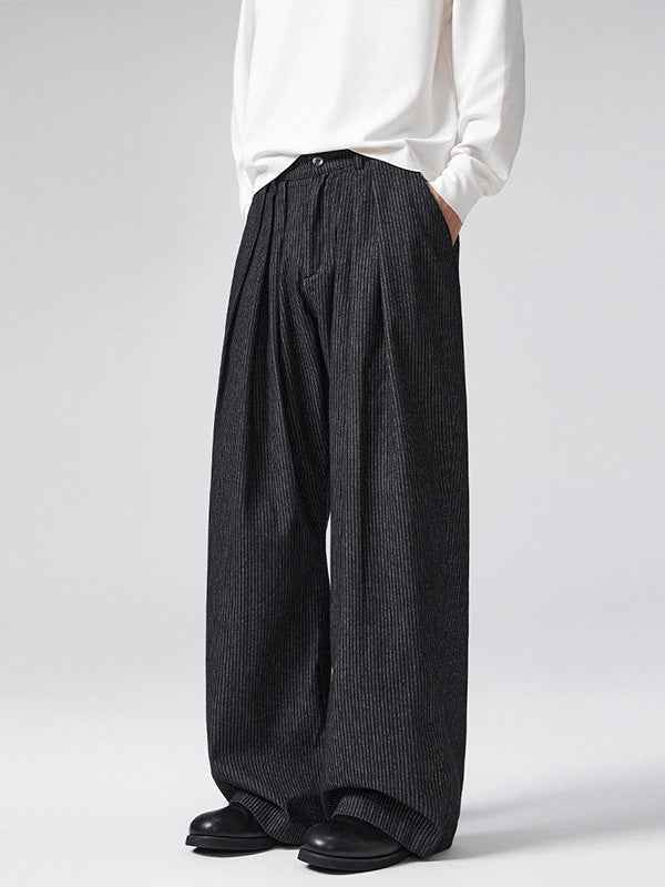 Vintage Pinstripe Pleated Wide-Leg Barrel Pants