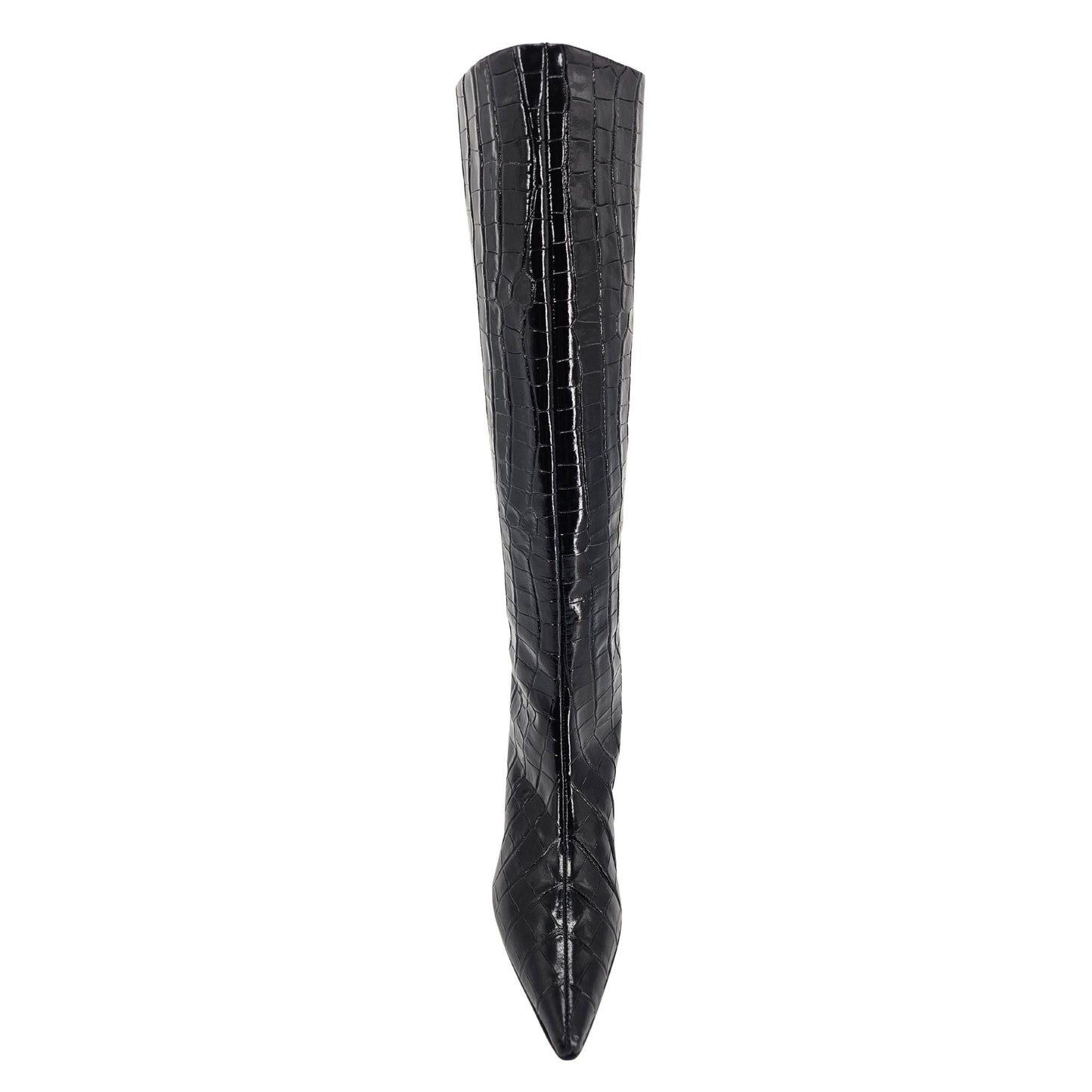 Black Tall Moc Croc Pointy Toe Kitten Heel Boot
