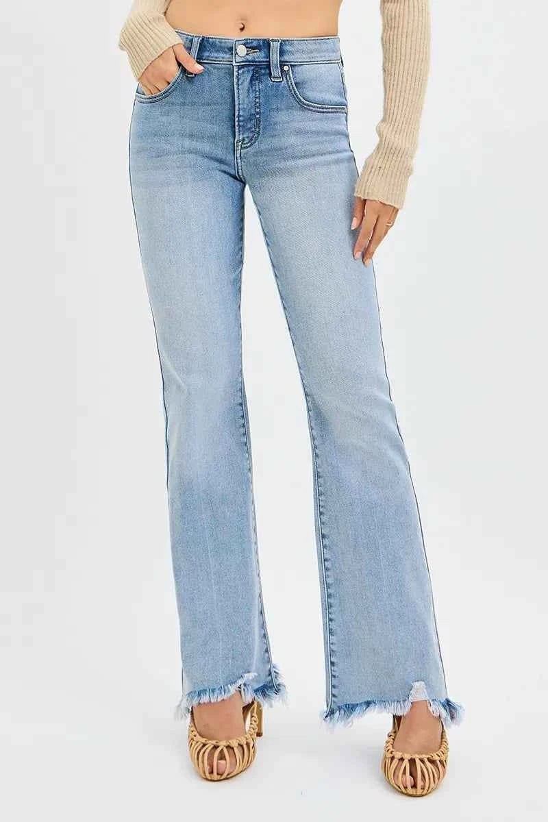 RISEN Full Size Tummy Control Mid Rise Flare Jeans with Fray Hem Detailed Plus Size