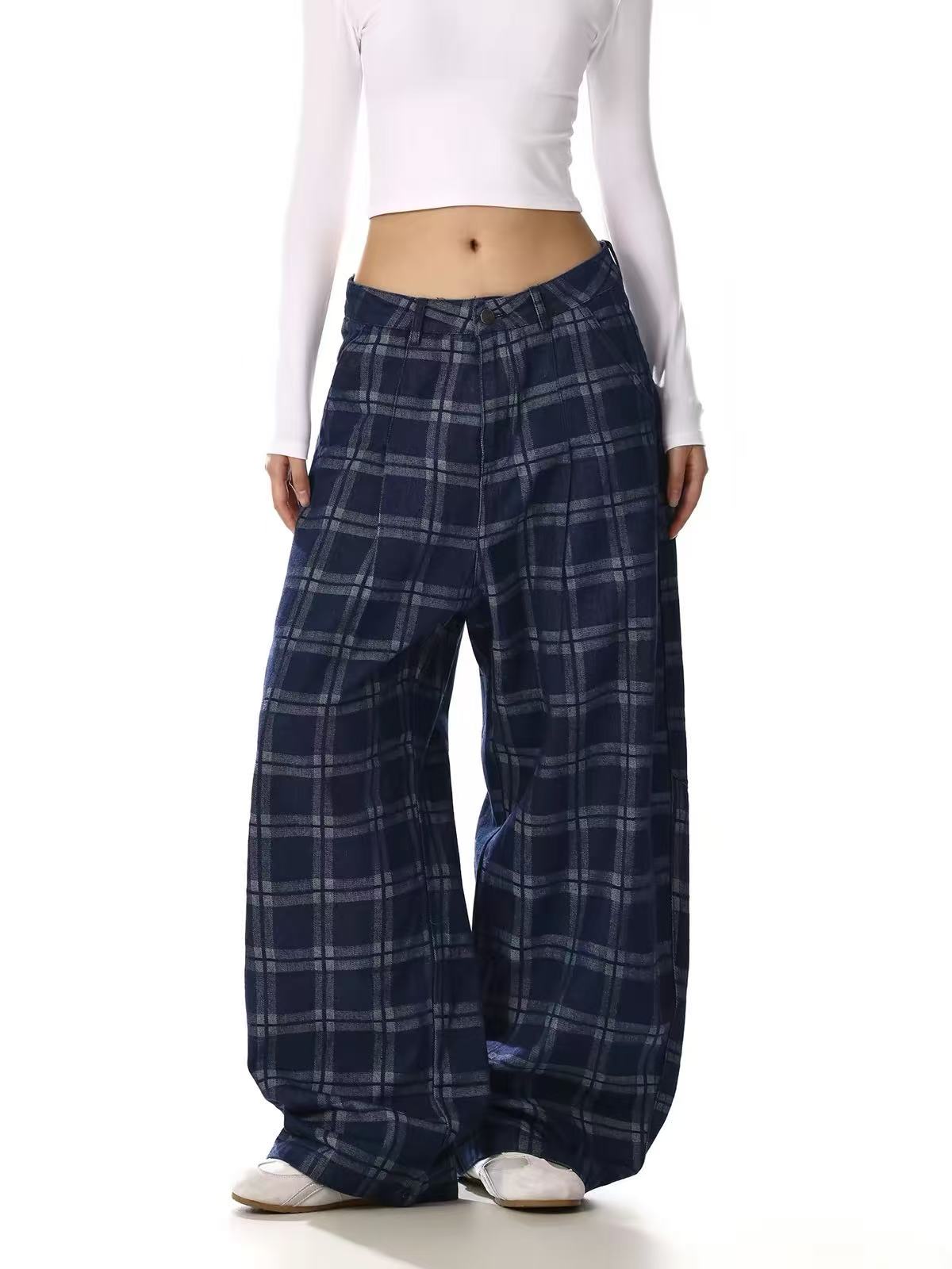 Vintage Blue Plaid Wide-Leg Cargo Pants