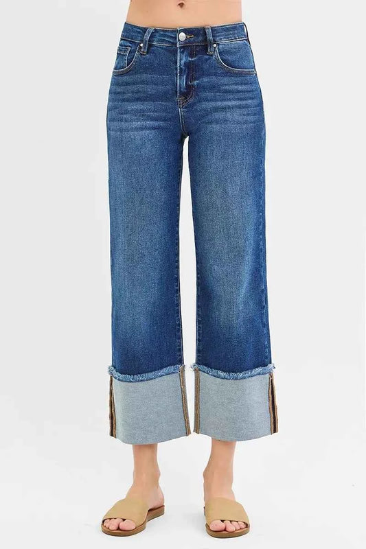 RISEN Full Size Mid Rise Crop Wide Wide Cuffed Jeans Plus Size