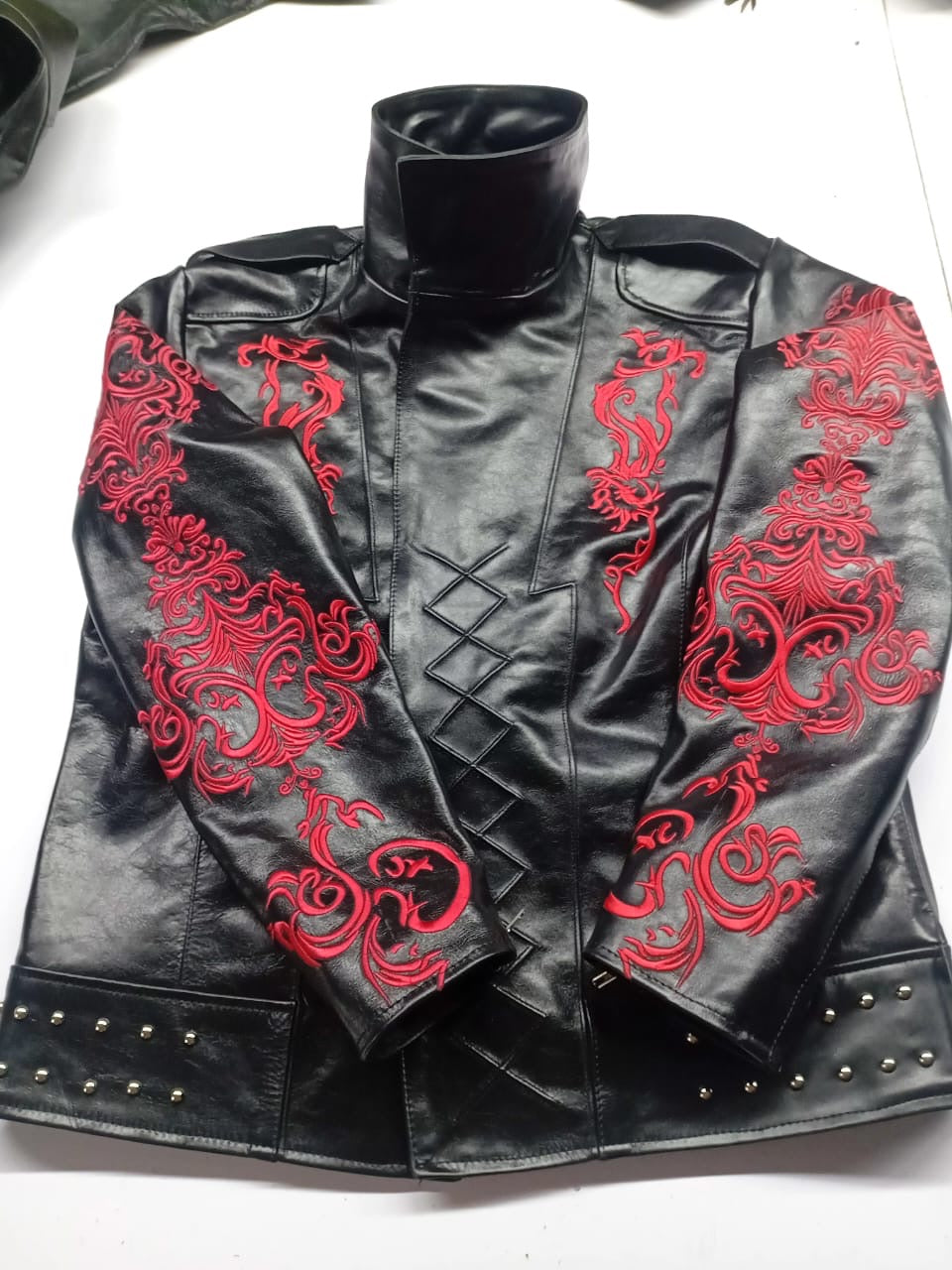 Men's Gothic Dragon Black Leather Jacket with Red Embroidery