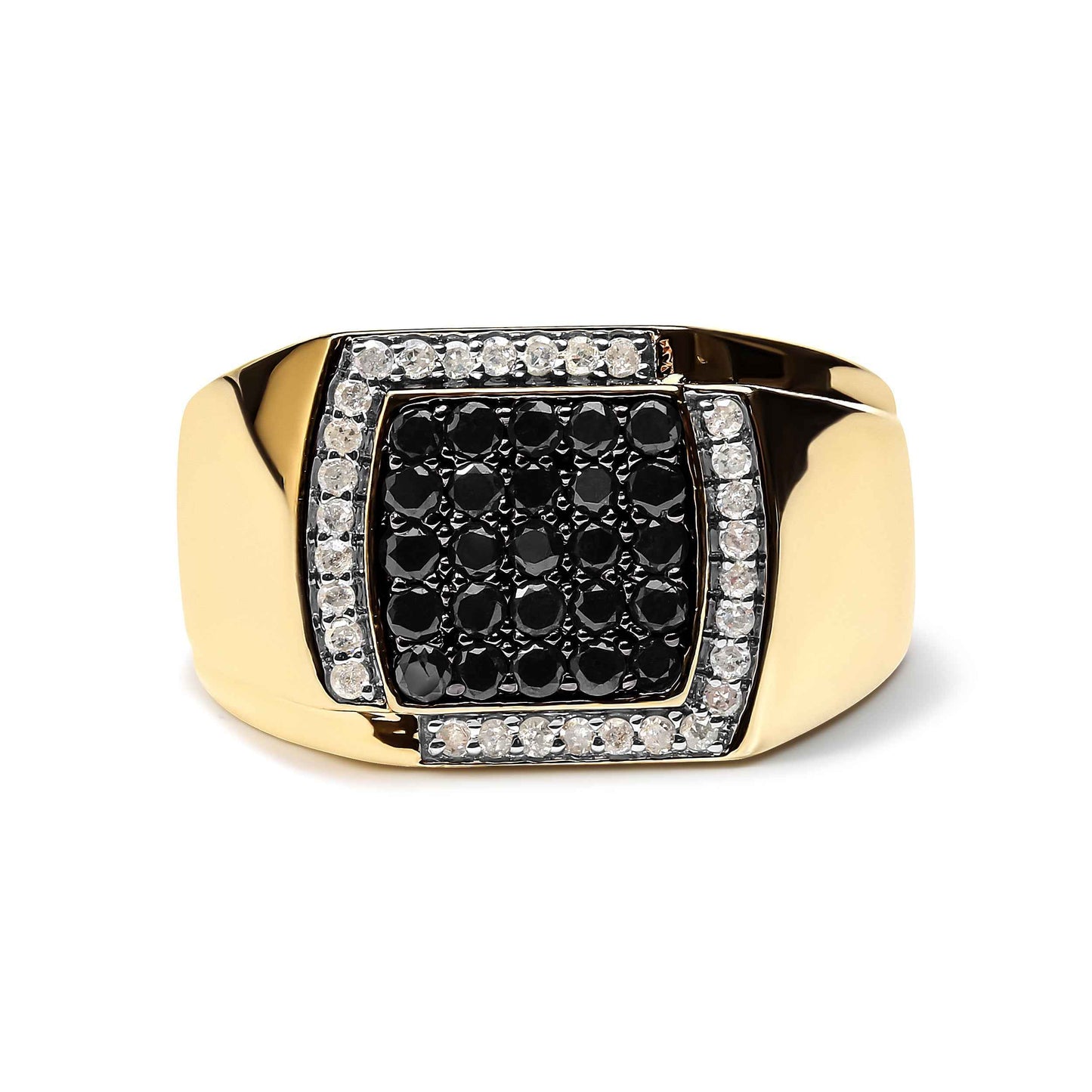 Men's 10K Yellow Gold 1.00 Cttw Cushion Cluster Black and White Diamond Statement Ring (I-J Color, I2-I3 Clarity) - Ring Size 10.5
