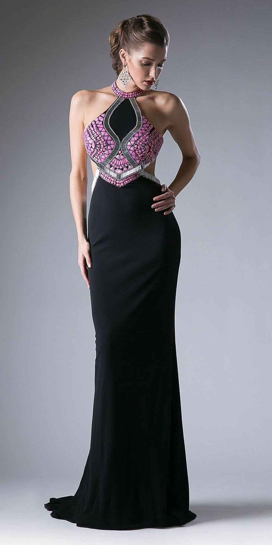 Cinderella Divine 5012 Halter Beaded Cut Out Bodice Long Dress Open Back