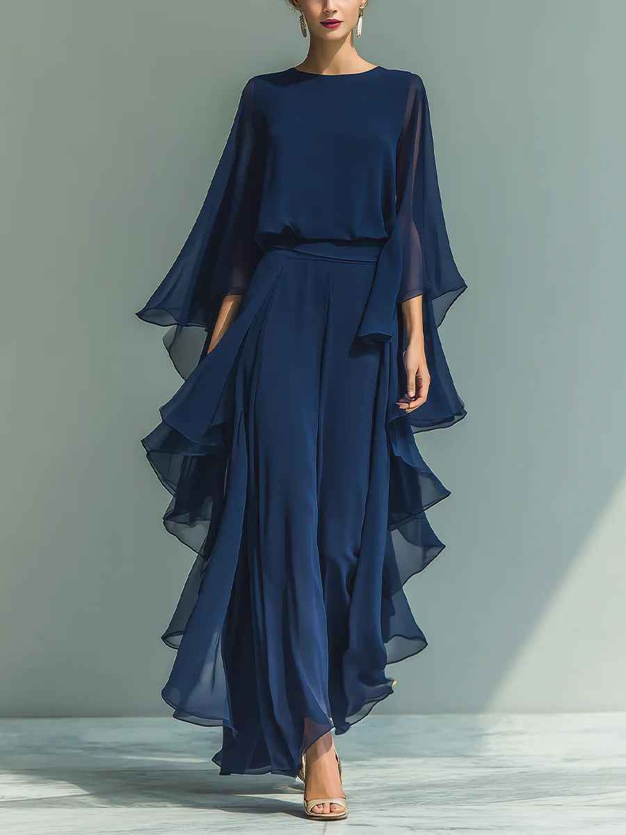 Deep Blue Ruffle Wide-Leg Pants Set for Women, Fashion Elegant Two-Piece Long Sleeve Casual Pants