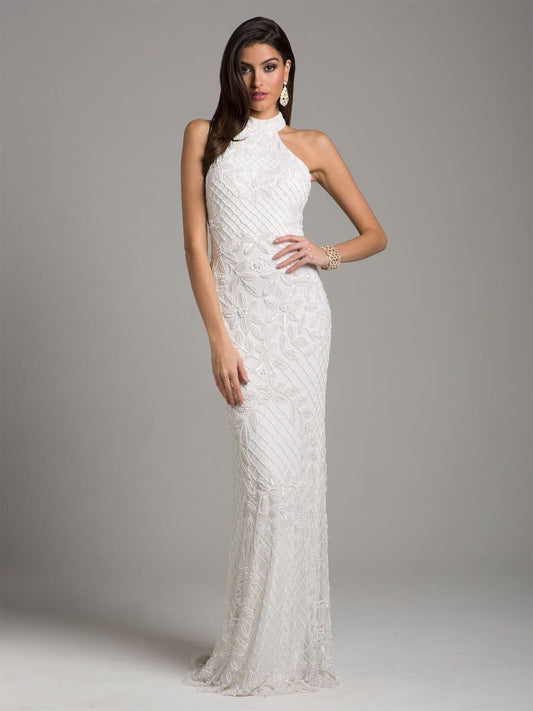 Lara Lattice-Beaded Halter Neck Sheath Wedding Gown - JUSTLUXURY