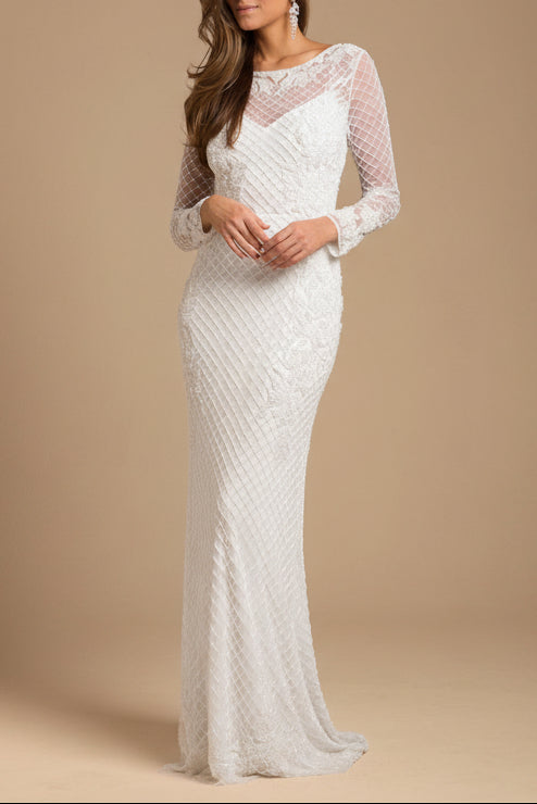 High Neck, Long Sleeve Beaded Wedding Gown | Lara 51004 - JUSTLUXURY