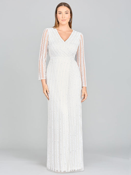 Lara Blair Long-Sleeve Beaded Surplice Sheath Gown - JUSTLUXURY