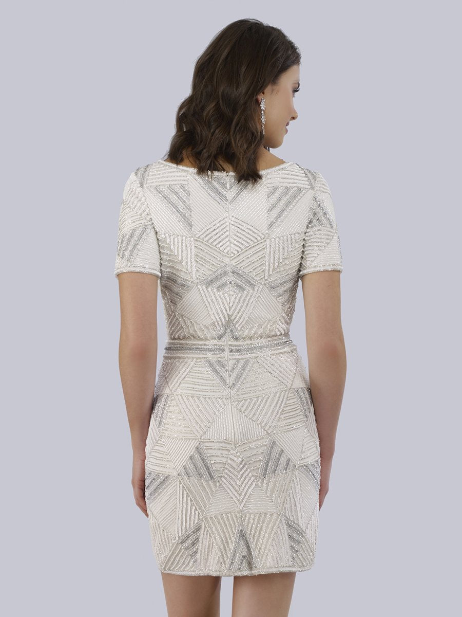 Becky Beaded Faux-Wrap Short Sleeve Cocktail Dress - JUSTLUXURY
