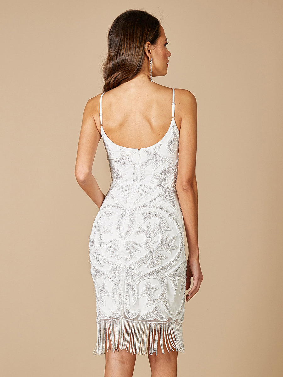 Lara Demi Beaded Short Fringe Wedding Dress - JUSTLUXURY