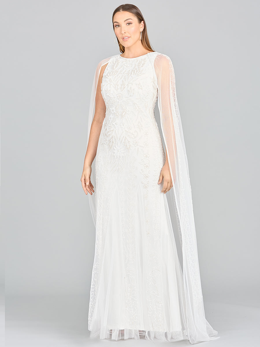 Lara Eve Beaded Cape Sleeve Wedding Dress - JUSTLUXURY