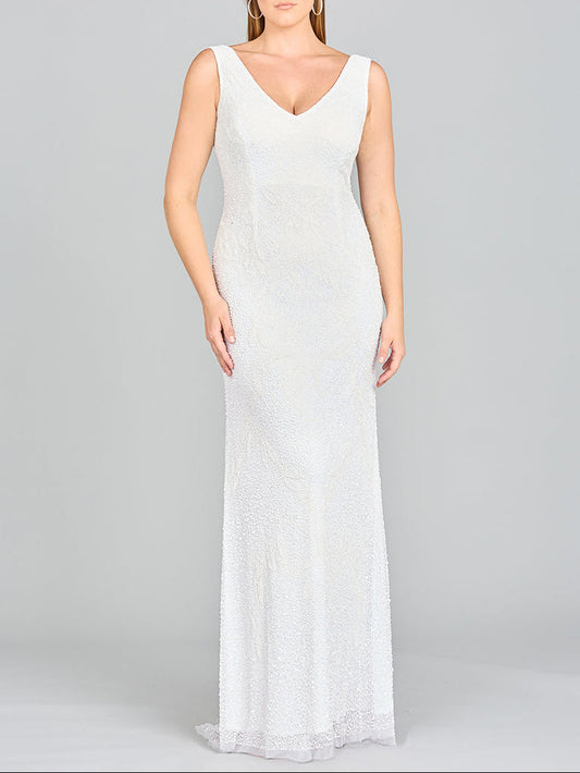 Lara Erika Beaded Draped Cowl Back V-Neck Wedding Dress - JUSTLUXURY