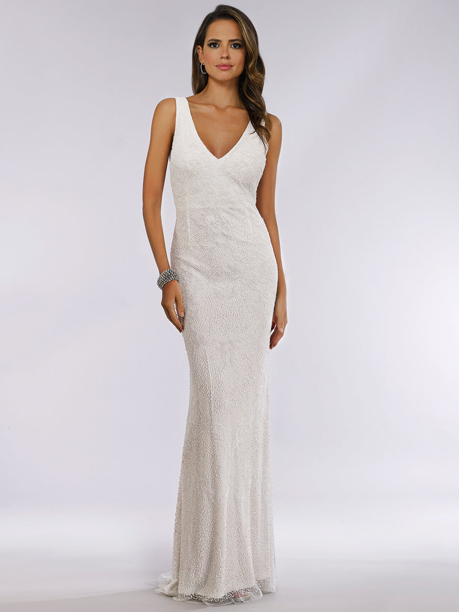 Lara Erika Beaded Draped Cowl Back V-Neck Wedding Dress - JUSTLUXURY