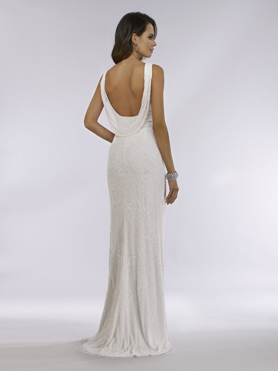 Lara Erika Beaded Draped Cowl Back V-Neck Wedding Dress - JUSTLUXURY